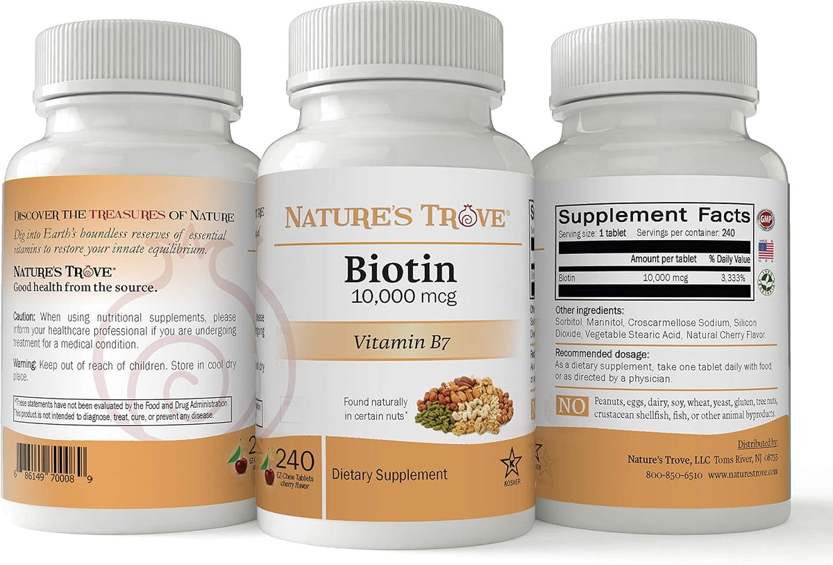 Nature's Trove Biotin 10,000 mcg 240 EZ Chew Tablets Cherry Flavor