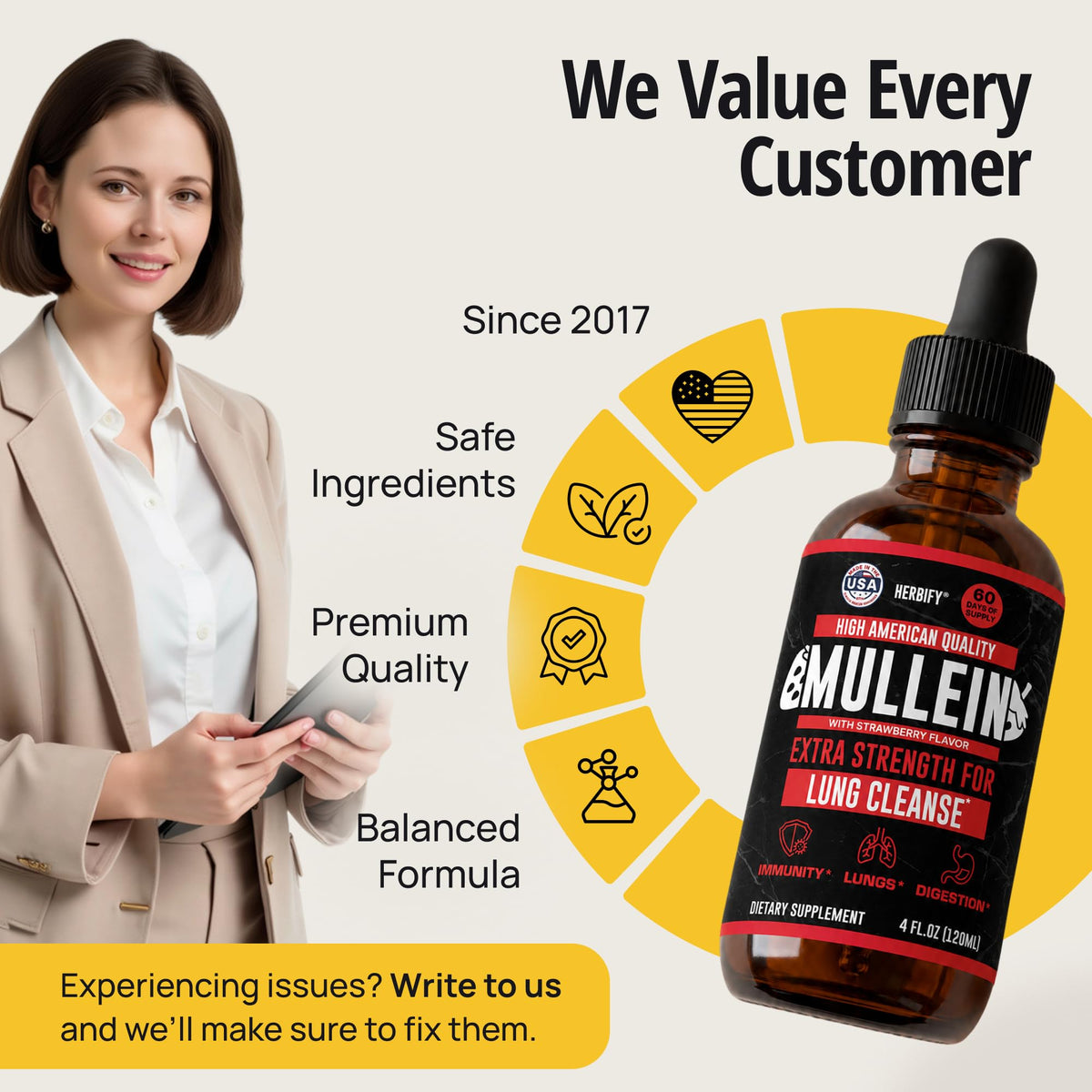 HERBIFY Mullein Drops - Lung Cleanse - Leaf Extract - Powerful Mullein for Immune Support,Detox & Respiratory Support - Made in USA - Lung Cleanse for Smokers - 4 Oz