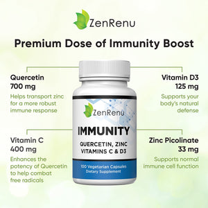 Zenrenu Immunity Quercetin 700 mg Zinc Vitamin C Vitamin D Immune Support Supplement with Curcumin - Easy to Absorb Immunity Supplement, 100 Vegetarian Capsules 50 Day Supply ZenrenuBuy Supplements Australia
