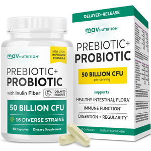 Prebiotics and Probiotics | 50 Billion CFU, 16 Probiotic Strains & Inulin Prebiotic Fiber | Delayed Release Capsules | Gut Health Support | Prebiotics and Probiotics for Women & Men | Non-GMO | 60 Ct MAV NUTRITION buy supplements Au