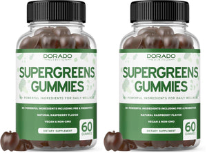 Two bottles of Dorado Naturals Supergreens Gummies on a white background
