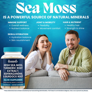Droppels Irish Sea Moss Capsules with Turmeric Root, Ashwagandha, Black Pepper & Burdock Root – Natural Mineral Blend for Immune, Digestion, Joint & Energy Support – Vegan, Non-GMO – 60 Capsules Droppels buy supplements Au