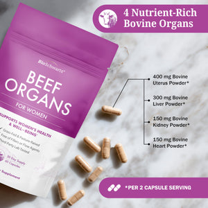BioSchwartz Primal Beef Organ Supplement for Women - 60 Capsules - Grass-Fed & Pasture-Raised - Supports Healthy Hair Skin and Nails, Hormone Balance - with Bovine Liver, Kidney, Heart, Uterus Powder BioSchwartzBuy Supplements Australia