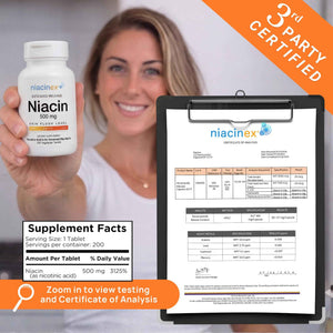 Niacinex Niacin 500mg Extended Time Release, 200 Tablets, Minimal to No-Flush, Vitamin B3 Supplement - Cholesterol Balance