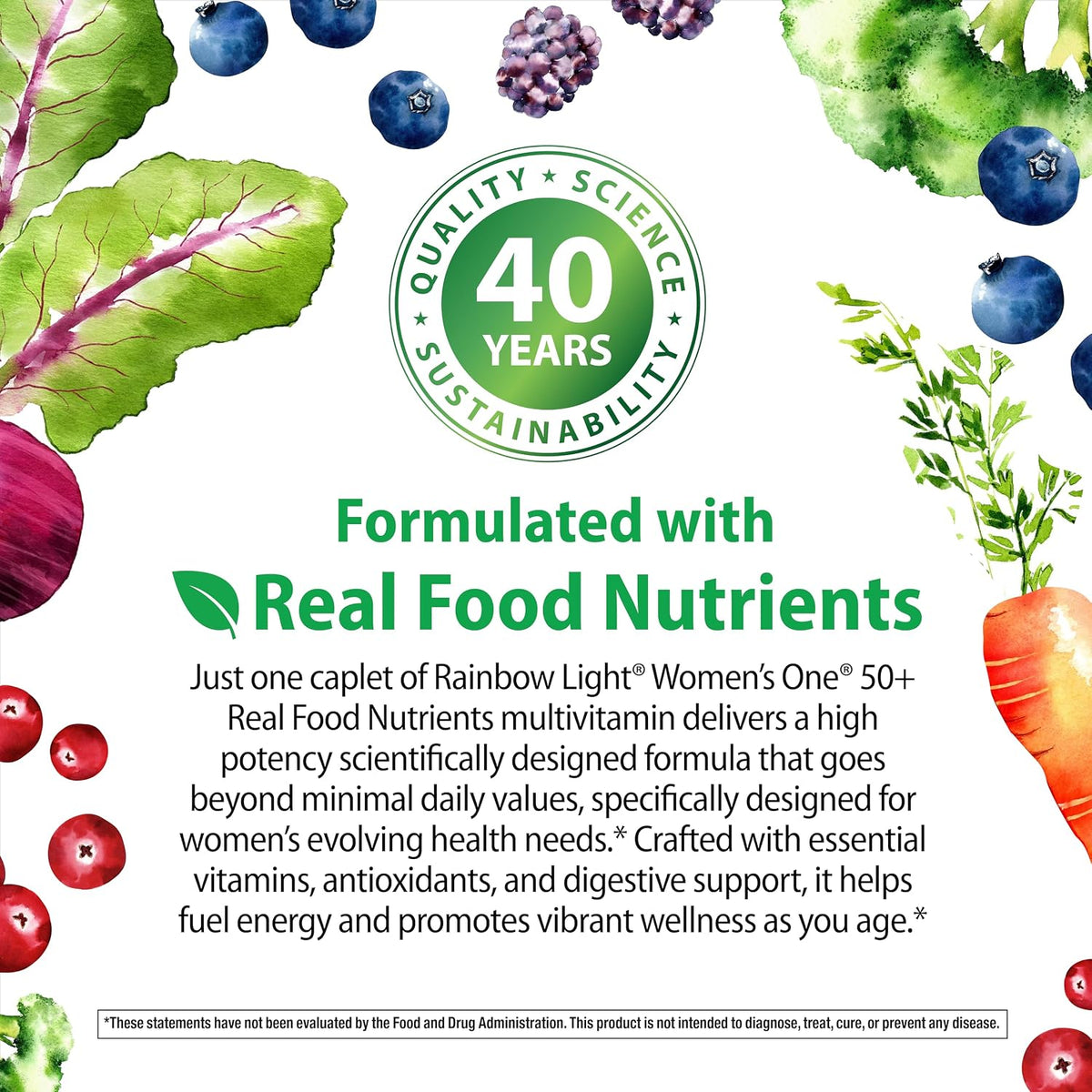 Rainbow Light Womens One + Multivitamin 50 Plus | 90 Caplets | Supports Menopause | Real Food Nutrients, Digestive Enzymes & Probiotics