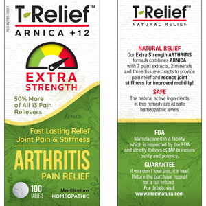 T-Relief Extra Strength Arthritis Pain Reliever Arnica +12 Natural Medicines for Joint Soreness Stiffness Aches, Quick Dissolving Pain Relief for Women & Men - 100 Tablets MediNaturaBuy Supplements Australia