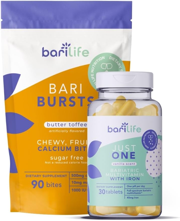 Bari Life Just One, Once Daily Bariatric Multivitamin with Iron (30 Tablets) and BariBurst Calcium Citrate Soft Chews for Gastric Bypass, Gastric Sleeve and Duodenal Switch (Butter Toffee)
