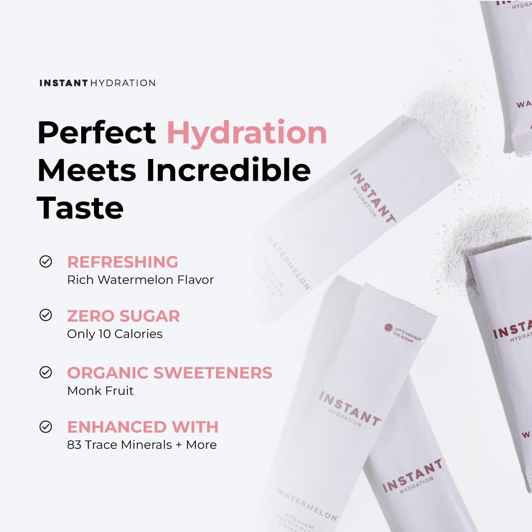 Instant Hydration Electrolytes Powder Packets - Watermelon Electrolyte Drink Mix - Zero Sugar - Keto, Vegan, Gluten-Free, Non-GMO - Boost Recovery, Brain Health, Muscle & Tissue Support- 30 Sticks