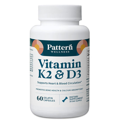 Pattern Wellness Vitamin K2 & D3 Supplement with Calcium – Bone Health, Circulatory Wellness & Immune Support - Non-GMO - 60 Capsules