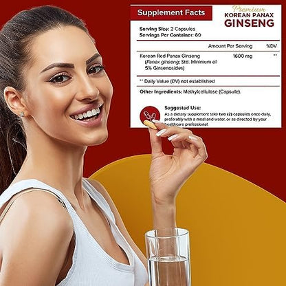 NutriFlair Korean Red Panax Ginseng 1600mg – 120 Vegan Capsules | 5% Ginsenosides | Non-GMO, Gluten-Free | Natural Energy & Focus Support | Made in USA