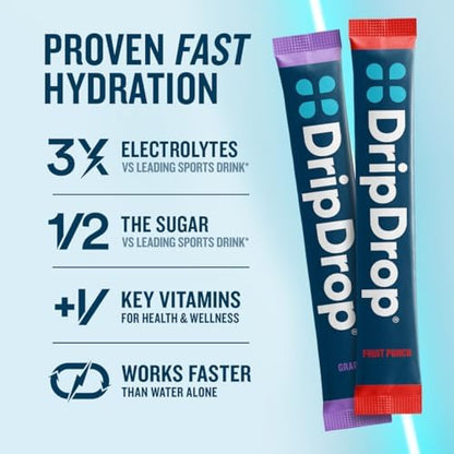 DripDrop Hydration Juicy Tropical Variety Bundle Electrolyte Packets, 32 Ct | Grape, Fruit Punch, Strawberry Lemonade, Cherry, Mango, Açaí, Passion Fruit & Piña Colada; Single Serve Powder Drink Mix
