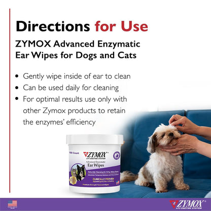 Zymox Advanced Enzymatic Ear Wipes for Dogs and Cats - for Dirty, Waxy, Smelly Ears - Premium Strength Ear Cleaner Wipes - Non-Irritating - Hypoallergenic - 100 ct