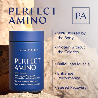 BodyHealth PerfectAmino (150 ct) Easy to Swallow Tablets, Essential Amino Acids Supplement with BCAAs, Vegan Protein for Pre/Post Workout & Muscle Recovery with Lysine, Tryptophan, Leucine, Methionine