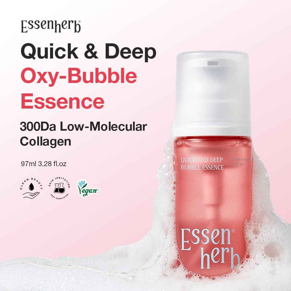 Essenherb Quick & Deep Oxy-Bubble Essence | Firming & Glow Serum with Collagen, Peptide & Niacinamide | Fast Absorption & Makeup-Ready