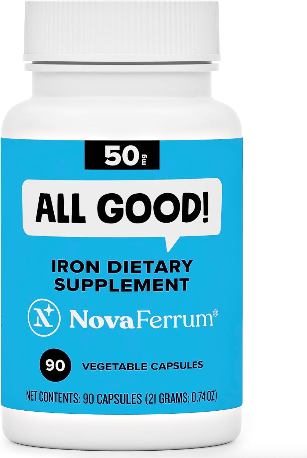 NovaFerrum All Good | Iron Capsule Supplements for Adults | Anemia | 50mg of Iron | 90 Servings | Sugar Free | Vegan | Gluten Free