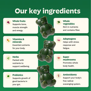 Gruns Adult Super Greens Multivitamin Gummies, Superfood Gummy Vitamins for Women and Men with Spirulina, Chlorella, Adaptogens & Prebiotic Fiber for Digestive Health (28 Count) GrünsBuy Supplements Australia