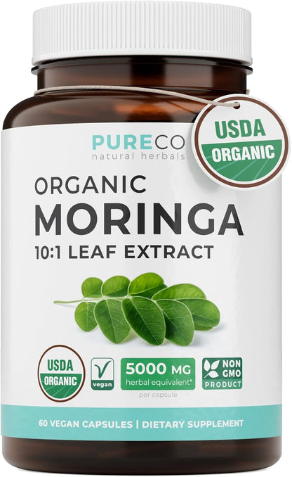 USDA Organic Moringa Capsules - High Potency Organic Moringa 500mg Extract 10:1 Per 1 Capsule Serving - Nutrient Dense Green Superfood Antioxidant - Vegan & Non-GMO Moringa (2 Month Supply)
