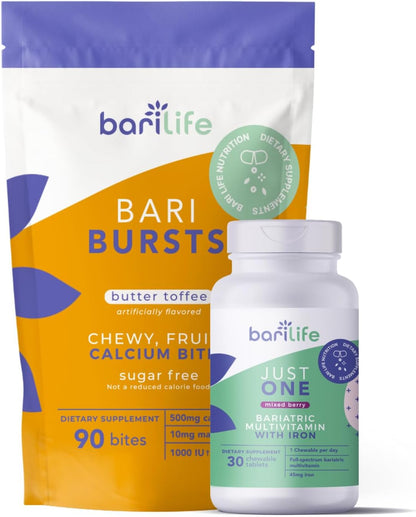Bari Life Just One Chewable: Once Daily Bariatric Multivitamin + Iron and and BariBurst Calcium Citrate Soft Chews for Gastric Bypass, Gastric Sleeve and Duodenal Switch (Butter Toffee)
