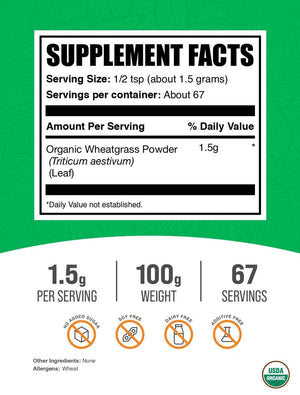 BulkSupplements.com Organic Wheatgrass Powder - Organic Super Greens Powder, Superfoods Supplement - Vegan & Gluten Free, 1.5g per Serving, 100g (3.5 oz) (Pack of 1) BulkSupplementsBuy Supplements Australia