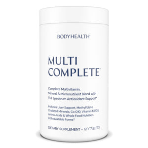 Multivitamin supplement container labeled 'Multi Complete' by BODYHEALTH on a white background.