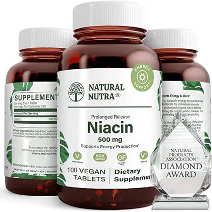 Natural Nutra Time-Release Slow Niacin 500mg (Vitamin B3), Support Healthy Cholesterol, Promotes Cardiovascular Health, Promotes Skin Cells and Improve Cognitive Function, 250 Vegan Tablets