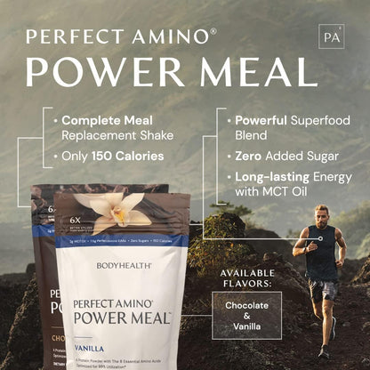 BodyHealth PerfectAmino Power Meal Shake New Dark Chocolate Flavor with MCT Oil Carb 10 and Perfect Amino Protein Base (20 Servings)