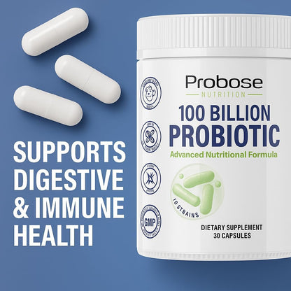 Probase Nutrition Probiotic, 100 Billion CFU, 10 Strains with Prebiotics, 30 Veggie Capsules, Gluten Free for Men and Women, 30-Day Supply