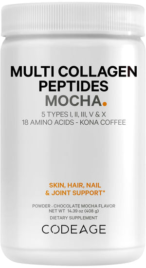 Codeage Multi Collagen Peptides Protein Powder - Chocolate Mocha Instant Coffee - Gourmet Knoa Coffee Drink & Shake - Collagen Type I, II, III, V & X - Grass-Fed, Hydrolyzed, Non-GMO - 14.39oz CodeageBuy Supplements Australia