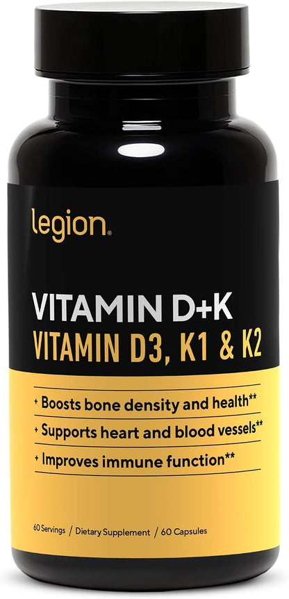LEGION Vitamin D+K Natural & Effective Formulation - Vitamin D3, K2 & K for Immunity Boost - K1, K2 & D3 Vitamin Supplement to Boost Bone Density and Health - Vitamin K2 & K1 for Heart Support