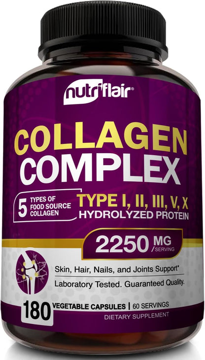 NutriFlair Multi Collagen Peptides 2250mg - Type I, II, III, V, X - Collagen Supplements Complex Powder Pills for Women and Men - Hydrolyzed Protein, Healthy Hair, Skin, Nails - Non-GMO (180 Capsules)