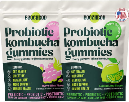 BoochBod - Probiotic Kombucha Gummy - Prebiotics, Probiotics, Postbiotics, Fiber Supplement, Slippery Elm, Dandelion Root, MCT Oil, for Bloating, Gut Health - Berry Bliss | Lemon Lime - Bundle & Save