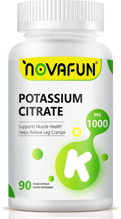 Potassium Citrate 1000mg, Potassium Supplement for Leg Cramps, Muscle & Heart Health, Vegan, Non-GMO, Gluten Free, 90 Capsules