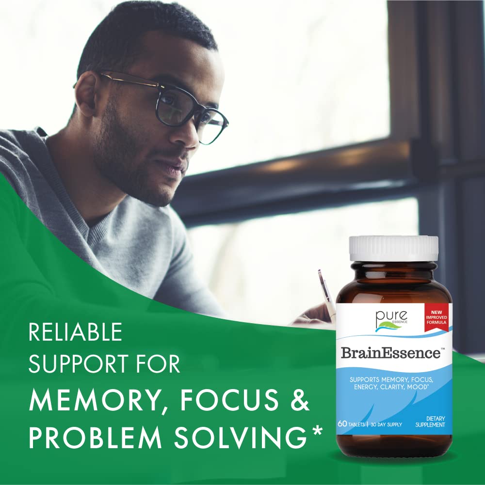 PURE ESSENCE LABS Brain Essence - Memory Supplement & Vitamin for Men, Women & Adults - Herbal Booster for Memory, Focus, Clarity & Stress Relief - Bacopa Monnieri, Ashwagandha & More (60 Tablets)