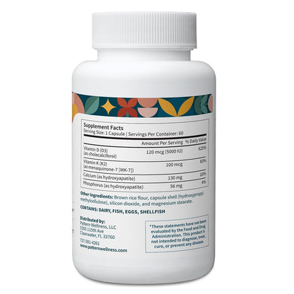 Pattern Wellness Vitamin K2 & D3 Supplement with Calcium – Bone Health, Circulatory Wellness & Immune Support - Non-GMO - 60 Capsules