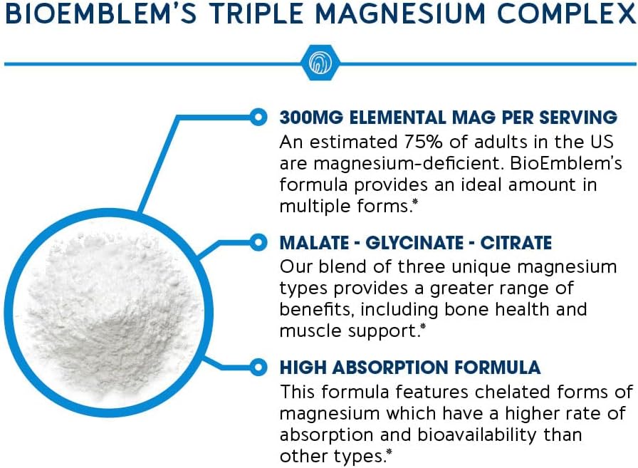 BioEmblem Triple Magnesium Complex | 300mg Magnesium Glycinate, Malate & Citrate | High Absorption Chelated Formula | Vegan, Non-GMO, Gluten-Free | 90 Capsules