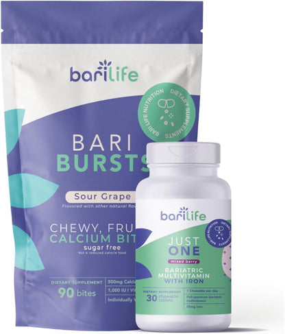 Bari Life Just One Chewable: Once Daily Bariatric Multivitamin + Iron and and BariBurst Calcium Citrate Soft Chews for Gastric Bypass, Gastric Sleeve and Duodenal Switch (Sour Grape)