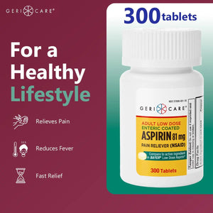 GeriCare Aspirin 81mg Adult Low Dose, Pain Reliever - Enteric Coated Tablets for Enhanced Absorption and Gentle Digestion – Supports Blood Flow, Reduces Inflammation, 300 Count (Pack of 1) GeriCareBuy Supplements Australia