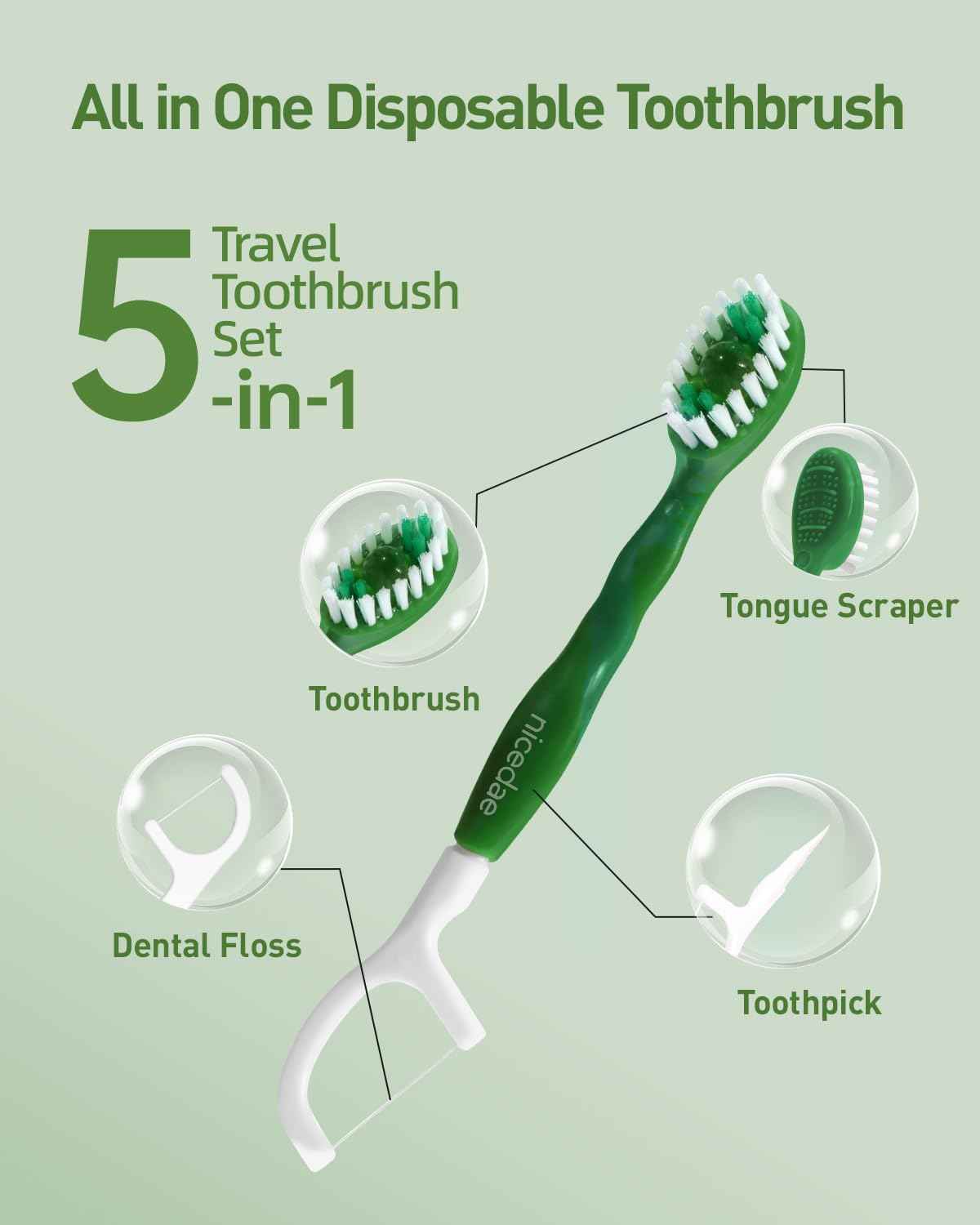 nicedae Disposable Mini Travel Toothbrush Bulk with Toothpaste 5in1 60Ct Portable Toothbrushes Set Floss Pick Tongue Scraper Cruise