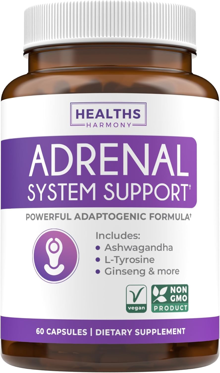Adrenal System Support & Cortisol Manager (2 Month Supply) Powerful Ashwagandha & L-Tyrosine Fatigue Supplement - Maintain Balanced Cortisol Levels, Health, & Stress Relief - Non-GMO - 60 Capsules