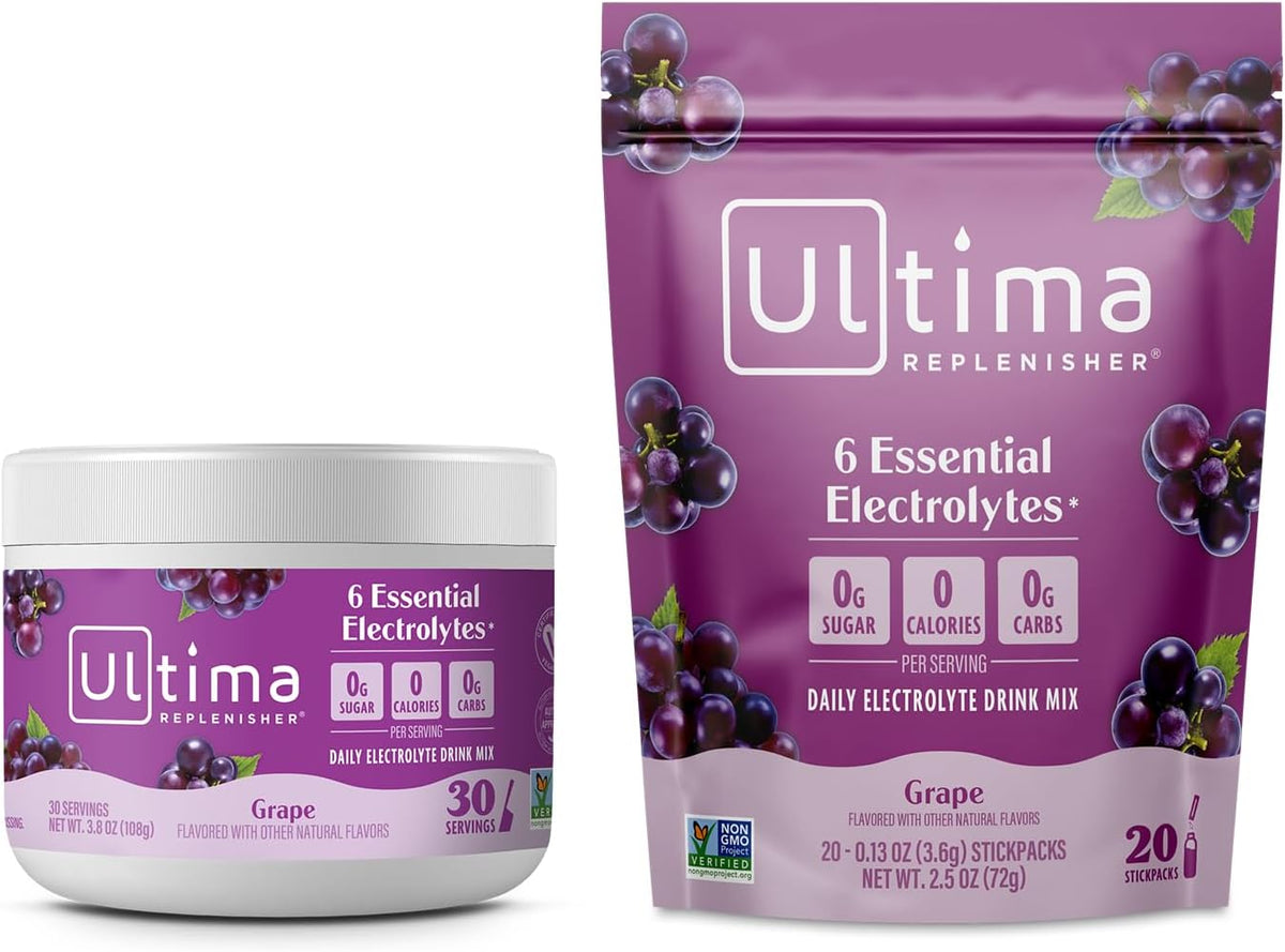 Ultima Replenisher Electrolyte Powder Drink Mix Bundle – Sugar Free – Grape, 30 Serving Canister and 20 Stickpacks – 6 Electrolytes and Minerals – Keto Friendly, Vegan, Non-GMO