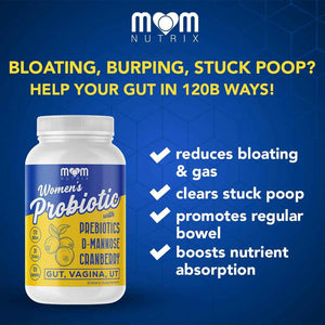 MOM NUTRIX Probiotic for Women - Vaginal, Gut, UT, pH Balance, Feminine & Digestive Health - Prebiotics with Probiotics, Cranberry, D-mannose - Bifidobacterium and Lactobacillus - 120 Capsules