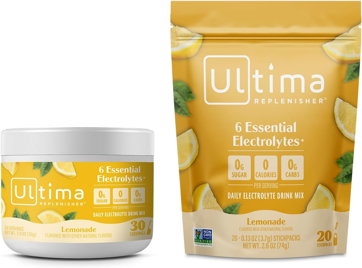 Ultima Replenisher Electrolyte Powder Drink Mix Bundle – Sugar Free – Lemonade, 30 Serving Canister and 20 Stickpacks – 6 Electrolytes and Minerals – Keto Friendly, Vegan, Non-GMO