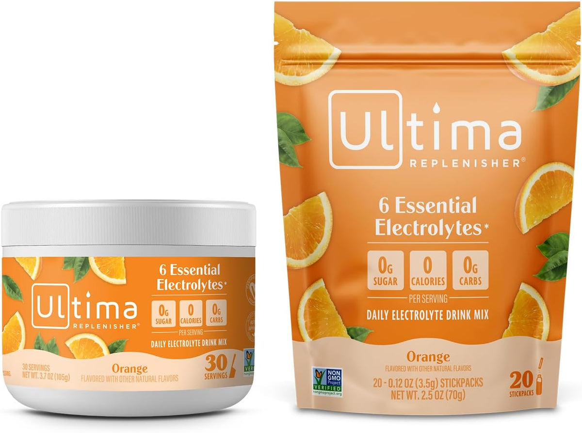 Ultima Replenisher Electrolyte Powder Drink Mix Bundle – Sugar Free – Orange, 30 Serving Canister and 20 Stickpacks – 6 Electrolytes and Minerals – Keto Friendly, Vegan, Non-GMO