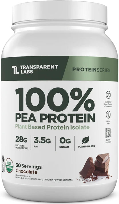 Transparent Labs 100% Pea Protein Powder - 28g Organic Plant Protein per Serving, Clean Pea Isolate Powder, USDA Organic, Vegan, Gluten-Free, Sugar-Free, Non-GMO - 30 Servings, Chocolate