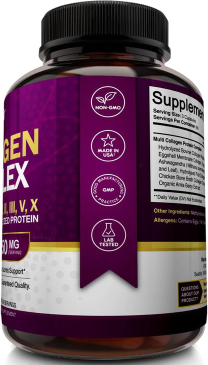 NutriFlair Multi Collagen Peptides 2250mg - Type I, II, III, V, X - Collagen Supplements Complex Powder Pills for Women and Men - Hydrolyzed Protein, Healthy Hair, Skin, Nails - Non-GMO (180 Capsules)