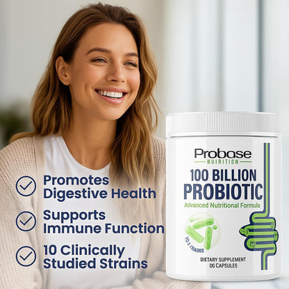 Probase Nutrition Probiotic, 100 Billion CFU, 10 Strains with Prebiotics, 30 Veggie Capsules, Gluten Free for Men and Women, 30-Day Supply