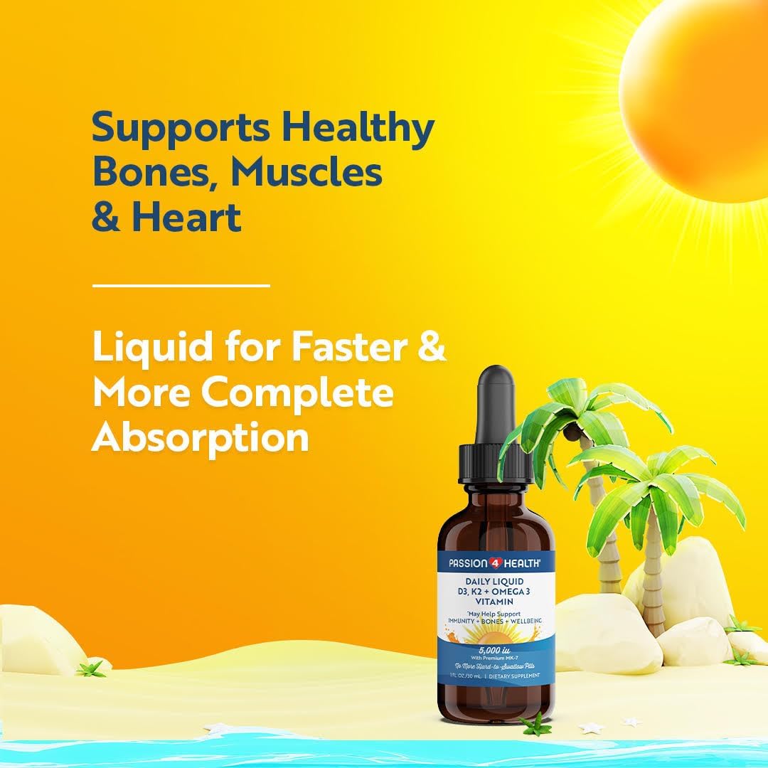 Passion 4 Health Organic Liquid Vitamin D3 K2 (Mk-7) + Omega 3 Supplement - Liquid Vitamin D Drops (5000IU) - Support for Healthy Bones and Muscles