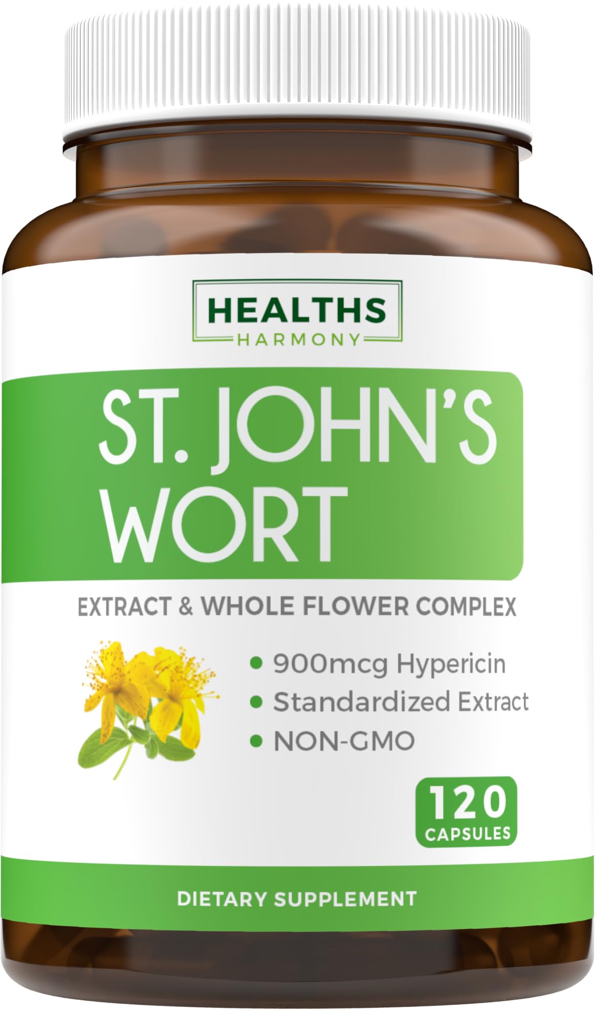 St John's Wort Capsules - Powerful & Potent Saint John's Wort Extract & Whole Herb Complex Standardized to 900mcg Hypericin for Balancing Daily Mood Support - Vegan Non-GMO & Lab Verified (120 Caps)