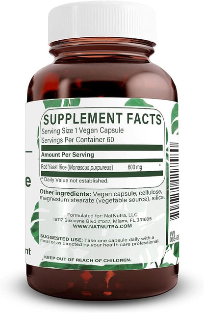 Natural Nutra Red Yeast Rice Extract, Cardiovascular Support, Helps Enhance Immunity, Improve Digestion, Improve Body Fluid Flow, Improve Heart Health, Gluten Free Supplements, 600 mg 60 Capsules