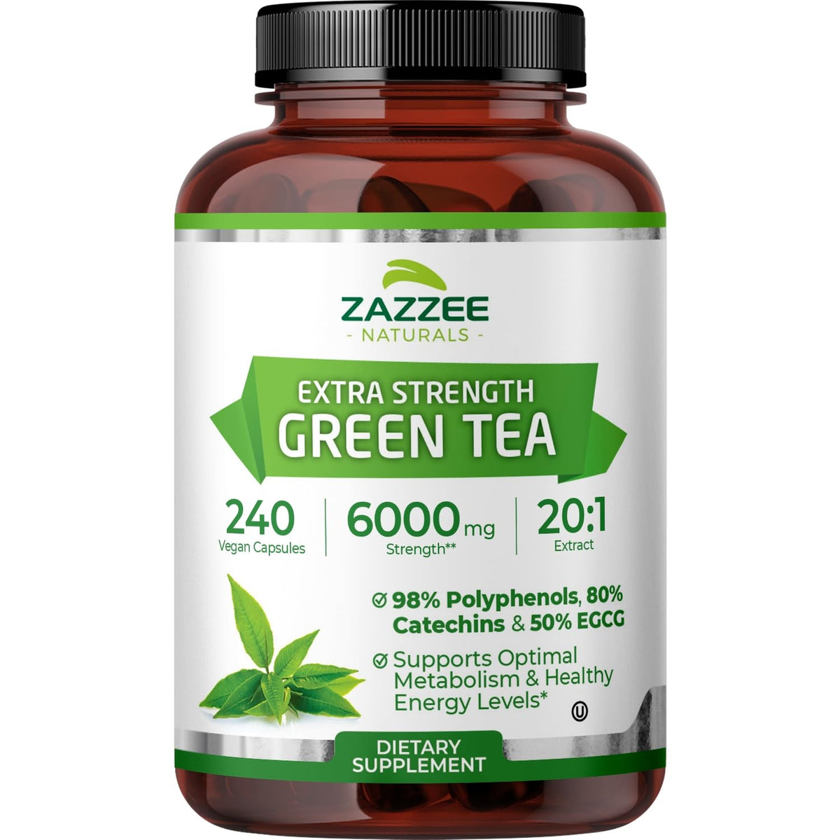 Zazzee Extra Strength Green Tea 20:1 Extract, 50% EGCG, 98% Polyphenols, 80% Catechins, 150 Vegan Capsules, 5 Month Supply, Certified Kosher, Antioxidant & Metabolism Support, Non-GMO, Made in the USA